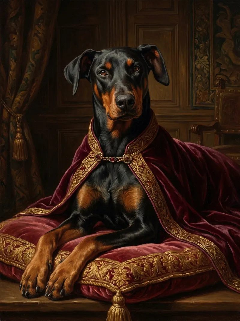 Doberman in red royal robes
