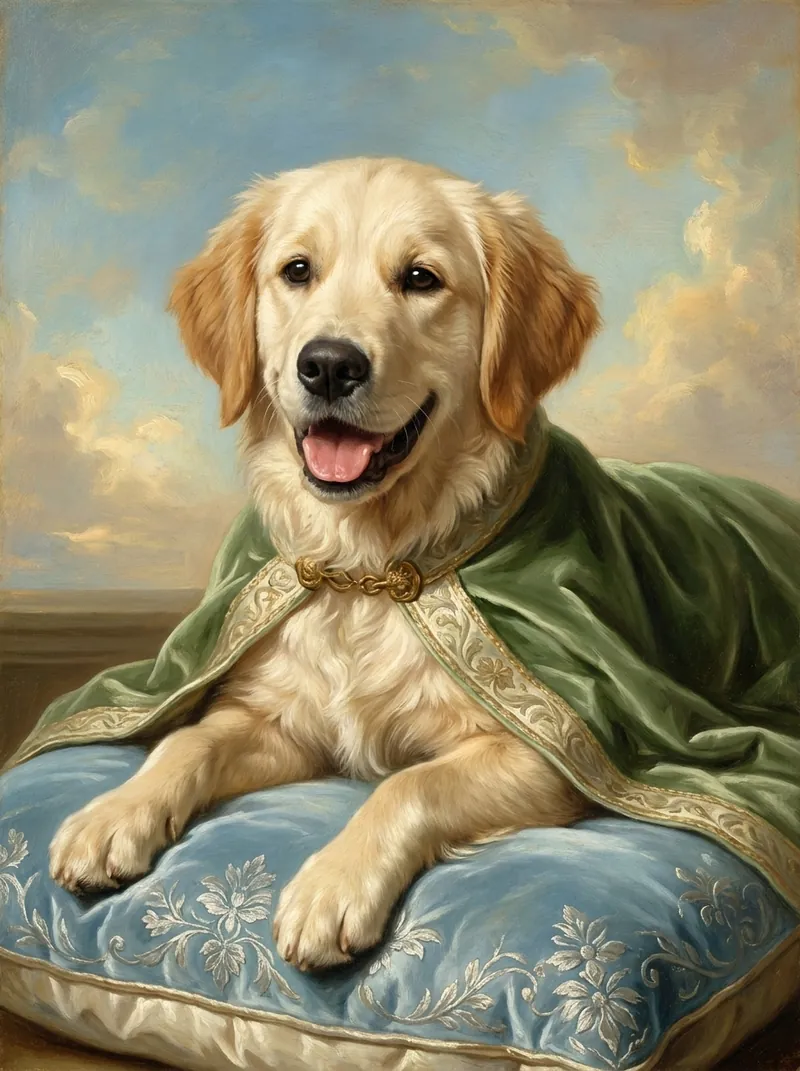 Golden Retriever in pastel royal attire